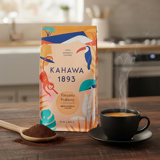 Kahawa 1893 Ground Coffee Medium-Light Roast Tanzania Peaberry Blend 12 Oz - As Seen on Shark Tank, High Antioxidants, Naturally Sweet, Organically Grown, Ethically & Sustainably Sourced