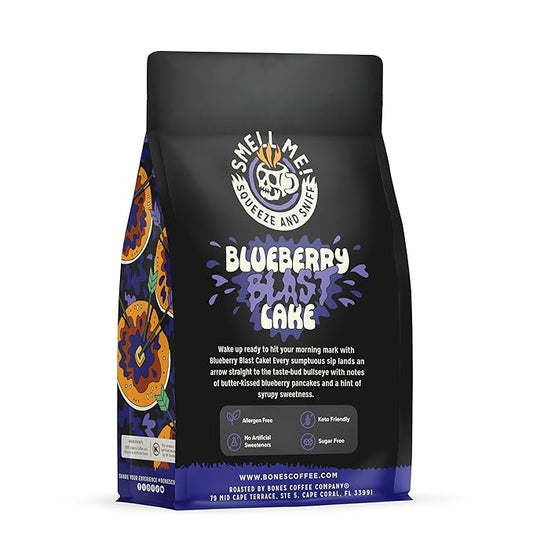 Bones Coffee Company Blueberry Blast Cake, Blueberry Pancakes Flavored Coffee, Medium Roast Low Acid Arabica Beans Compatible with Auto drip and French Press Coffee Maker, 12 Oz Whole Bean