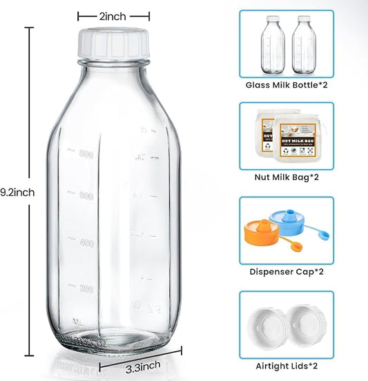 2 Pack 32 OZ Glass Milk Bottles with 2 Pour Spout Lids & 2 Nut Milk Bags & 2 Airtight Caps, Reusable Glass Bottles, Breast Milk Pitcher, Syrup, Honey, Water Jug, Juice Container for Refrigerator