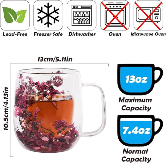 Real Flower Glass Tea Cup, Double Wall Borosilicate Coffee Mug with Preserved Flowers, Clear Aesthetic Floral Glassware, Romantic Gift for Women, Mom, Girlfriend, Mother’s Day & Women’s Day