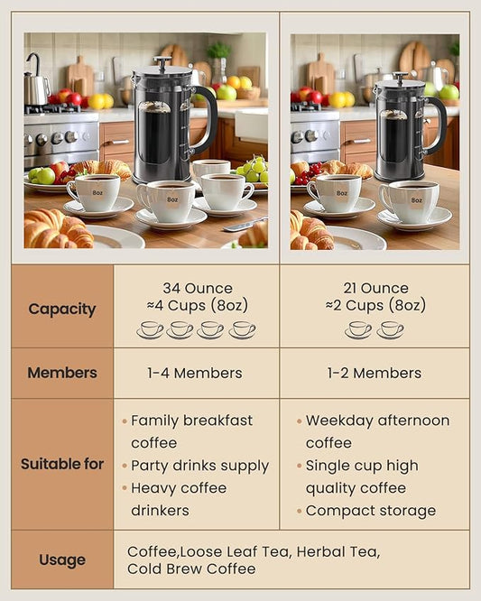 BAYKA French Press Coffee Maker, 4-Level Filtration, Easy to use, Large 304 Stainless Steel Press, Cold Brew Heat Resistant Thickened Borosilicate Pot for Camping Travel Gifts, 34 Ounce, Dark Pewter