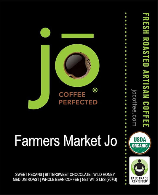 FARMERS MARKET JO: 2 lb, Organic Whole Bean Coffee Lighter Roast, USDA Certified Organic Fair Trade Certified Kosher, Soft Velvet Feel, 100% Arabica Specialty Coffee, Non-GMO Gluten Free by Jo Coffee®