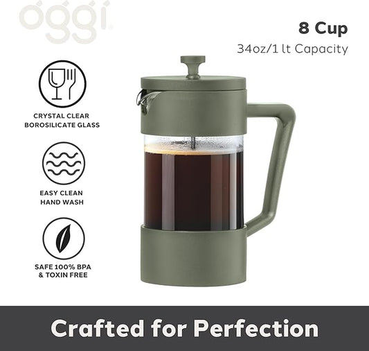 Oggi Borosilicate Glass French Press Coffee Maker - 34oz / 8 Cup Capacity, Coffee Press, Single Serve Coffee Maker, Stainless Steel Lid & Plunger, Make Great Coffee Gifts - Green