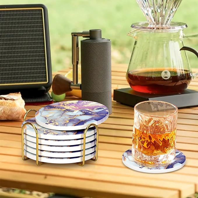 Purple Agate Coasters with Holder Drink Coaster Set of 6 Modern Marble Coasters Unique Coaster for Coffee Table Decor Gift Women Kitchen Accessories Bar Coster Cup Cool Cute Ceramic Coasters