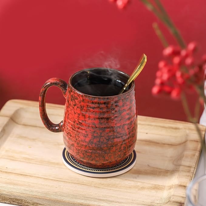 HASENSE Ceramic Coffee Mug Set of 2, 20 Oz Tea Cups for Women and Men, Handmade Large Latte Mugs with Handle, Gift Box with Coaster & Gold Spoon, Perfect for Christmas Thanksgiving, Blue & Red