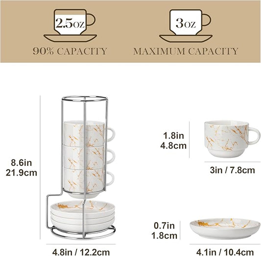 MALACASA 2.5 OZ Porcelain Espresso Cups with Saucers and Metal Stand Set of 4, Stackable Cappuccino Cups, Marble White Expresso Shots Cup Set for Coffee Drinks, Latte, Tea