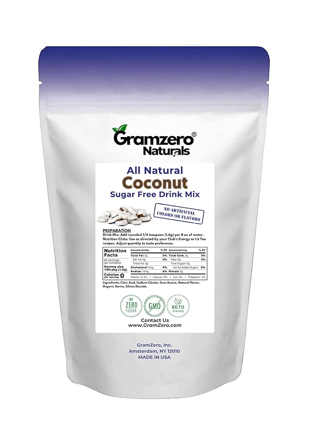 GramZero All Natural Coconut Zero Calorie Sugar Free Drink Mix, Great For Nutrition Club Loaded Tea, Stevia Sweetened
