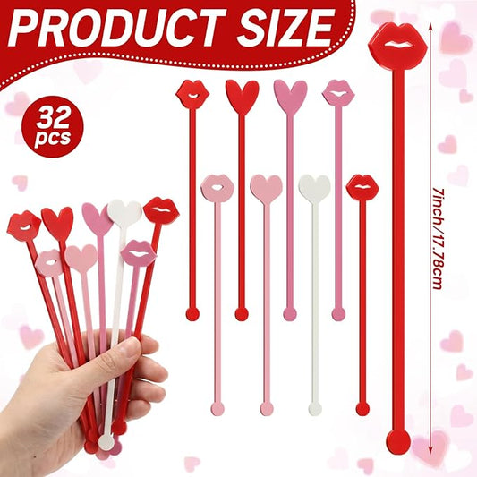 32 Pcs Valentines Day Cocktail Stirrers 7 Inch Heart Love Lips Drink Coffee Stirrers Cute Acrylic Stir Sticks for Valentines Wedding Drink Birthday Bridal Cocktail Supply(Fashion Style)