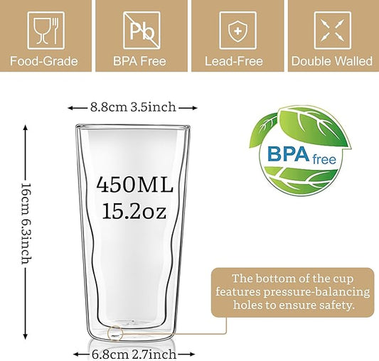 Joeyan Double Wall Insulated Glass Tumbler, 15.2oz Tall Dinking Glasses Set of 2, Highball Glass Cups for Beer, Lemonade, Iced Tea, Tropical Drink, Cocktail, Smoothie, Mojito and Mixed Drinks