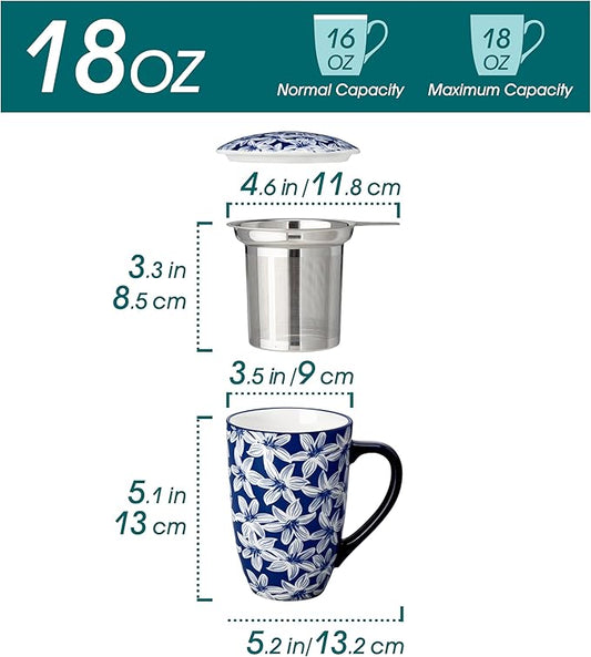 vancasso SELENE Porcelain Tea Mug, 18 oz Porcelain Tea Cup with Infuser and Lid Steeps Loose Leaf Tea, Microwave & Dishwasher Safe, Blossom Cluster