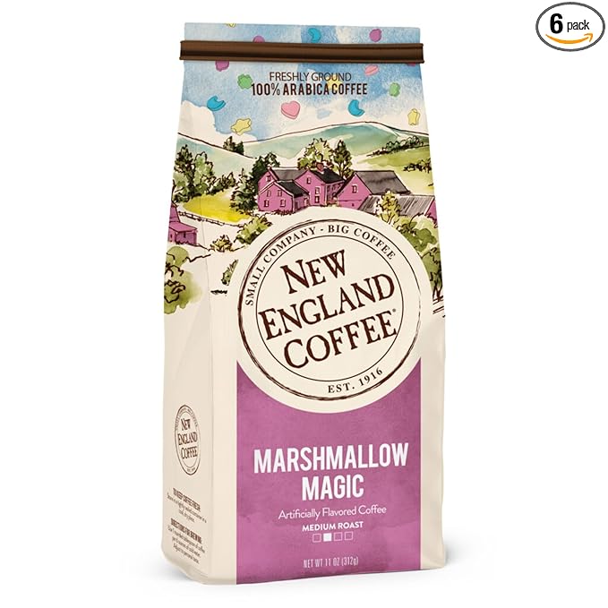 New England Coffee Marshmallow Magic Blend Medium Roast Ground Coffee, 11oz Bag (Pack of 6)
