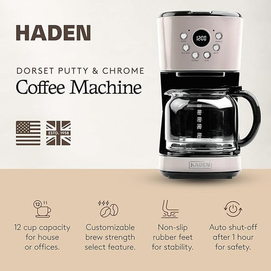 Haden 12-Cup Programmable Coffee Maker for Home or Office, Putty & Chrome – Drip Brewer Machine with Brew Strength, Delay Brewing, Auto Shut-Off and Reusable Washable Water Filter