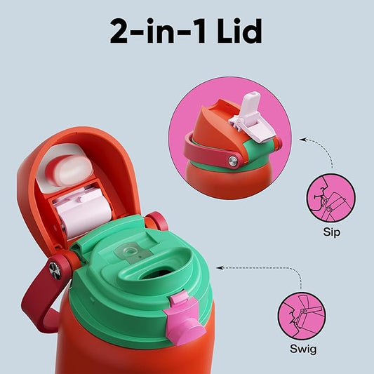 Insulated Water Bottle with Straw - Encool Stainless Steel Water Bottle with Push Button Lid, Leak-Proof & BPA-Free, Keeps Cold for 24 Hours for Sports, Travel, Gym (32 oz, Grapefruit Red)