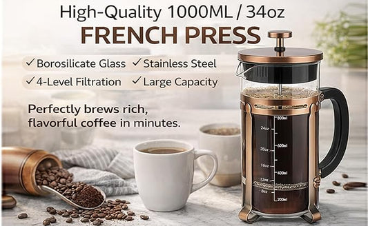 French Press Coffee Maker with Copper Frame, Multi-Layer Stainless Steel Filter, Glass Carafe with Measurement Markings, Easy to Clean, for Home & Office