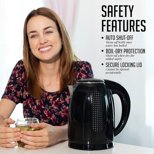 OVENTE 1.7L Double Wall Electric Tea Kettle, 1100W Water Boiler and Heater with Cool-Touch Exterior, Stainless Steel Insulated Interior, Auto Shut-Off, Boil-Dry Protection & Locking Lid, Black KD64B