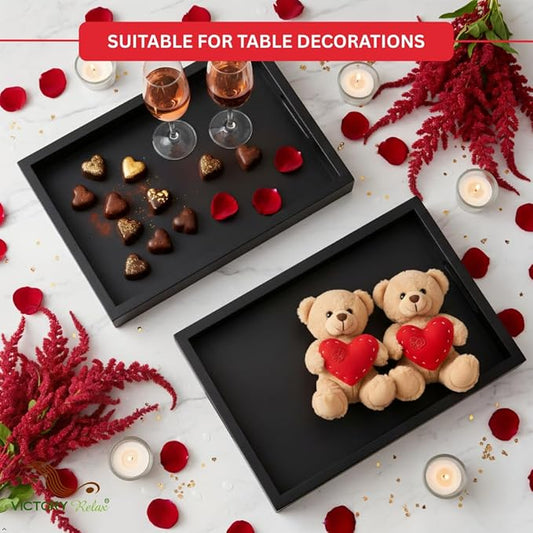 Black Acacia Wooden Rectangular Serving Tray with Handles, Set of 2 (15"x11" & 13"x10"), Large Tray for Ottoman, Breakfast in Bed, Dinner, Coffee Table Decor & Kitchen