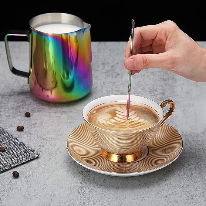 Milk Frothing Pitcher 21oz - 620ml, Kyraton Stainless Steel Espresso Steaming Pitchers with Decorating Pen,Milk Coffee Frother Cups Cappuccino Latte Art Barista Steam Pitchers Milk Jug Cup (Rainbow)