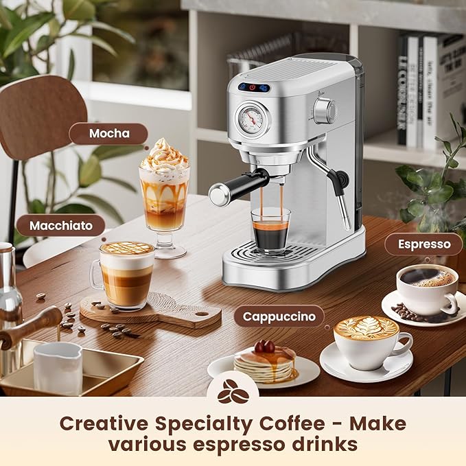 Espresso Machine 20 Bar, Compact Espresso Maker, Stainless Steel Professional Expresso Coffee Machines with Steam Milk Frother & 34oz Removable Water Tank for Home & Office, Latte, Cappuccino, Silver