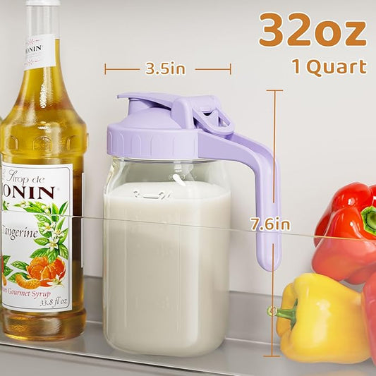 Breast Milk Pitcher, Mason Jar 32 oz, Heavy Duty Wide Mouth Jar with Purple Flip Cap Lid and Pour Spout, Formula Pitcher Airtight Seal for Freshness and Convenience, Great for Cold Beverages