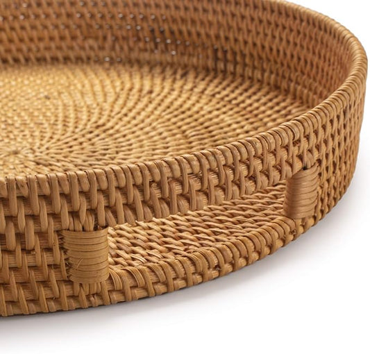 Coffee Table Tray Round Rattan Ottoman Tray Woven Serving Trays with Handles for Home and Kitchen Decorative Natural (Large 14 inch x 2.4 inch)