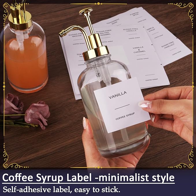 2Pack Coffee Syrup Dispenser, 16.9 oz Transparent Glass Bottles with Gold Pump, Labeled for Precise Dispensing, Ideal for Coffee Shop and Home Bar
