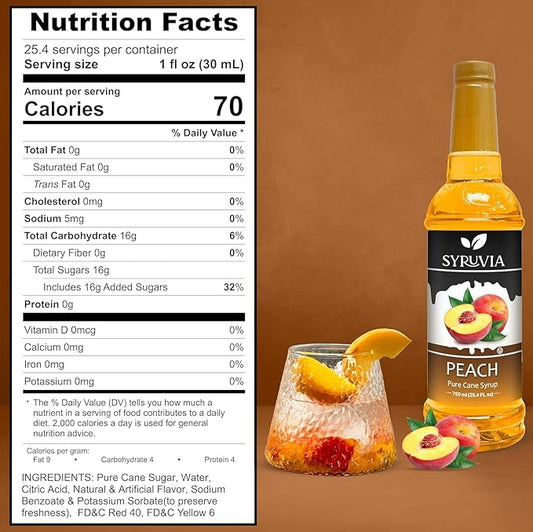 Syruvia Peach Syrup, Flavored Syrup for Drinks, Cocktails, Lemonades, Iced Teas, and Desserts – 25.4 fl oz