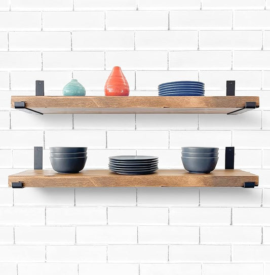 Rustic Shelves with J-Brackets Set of 2, Industrial Shelf, Kitchen Shelves, Solid Wood, Decorative Wall Storage, Heavy Duty, URBANDI (Brown, 12Wx12D)