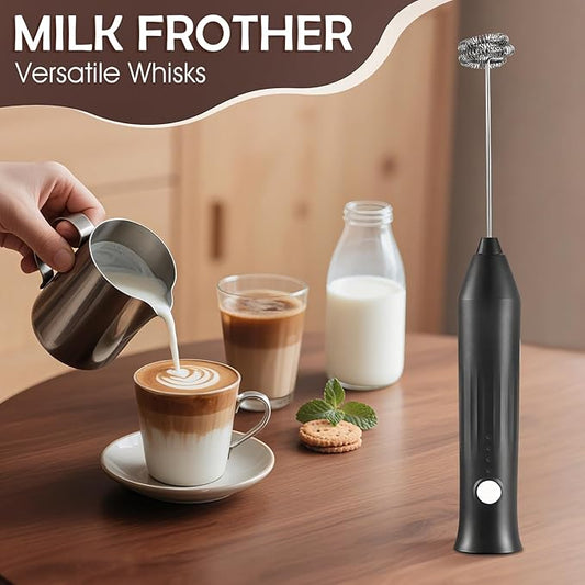 Milk Frother Handheld Rechargeable, Frother Wand Drink Mixer Electric Whisk for Coffee, Detachable With 2 Stainless Whisks, Hand Mixer for Lattes, Matcha, Egg, Kitchen Gifts(Black)
