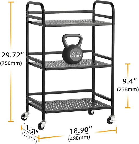 HDANI 3 Tier Rolling Cart,Heavy Duty Multifunctional Metal Frame-Supports 22 Lbs Per Tier,Mesh Rolling Cart with 2 Lockable Wheels for Office,Home,Bedroom,Kitchen,Bathroom,Black