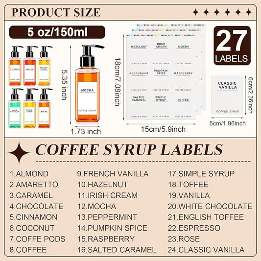 Nuogo 6 Pcs Coffee Syrup Dispenser Set 750ml, 500ml, 300ml, 150ml Pet Black Syrup Bottles with Pump Dispenser 27 Labels for Coffee Bar Kitchen Accessories Portable Travel(5 oz,Square)