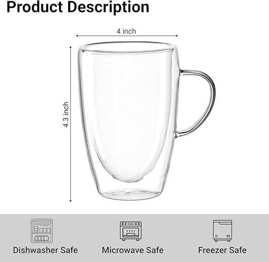 Double Wall Glass Coffee Mugs Set of 2 – 12oz Insulated Borosilicate Glass Cups with Handles – Clear Coffee, Tea & Latte Mugs