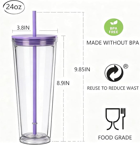 24oz Tumbler with Lid and Straw, Leak Proof and Double Wall Insulated Reusable Plastic Cups,Travel Reusable Iced Coffee Cup (2, Purple)