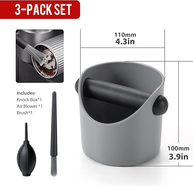 Li&Zhao Espresso Knock Box - Premium Knock Box for Espresso Machines with Non-Slip Base, Includes Brush and Dust Blower, Knock Box Espresso Accessory for Home, Suitable for 51-53mm Knock Box (Grey)