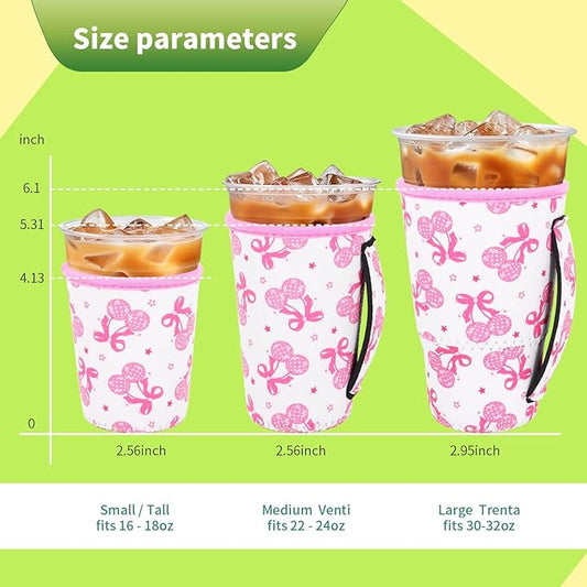 3 Pack Iced Coffee sleeve Insulated Neoprene Cup Sleeves with handle For Cold Drinks Beverages, Reusable Cup Holder for 16oz-32oz Coffee Cups (Disco Cherries)