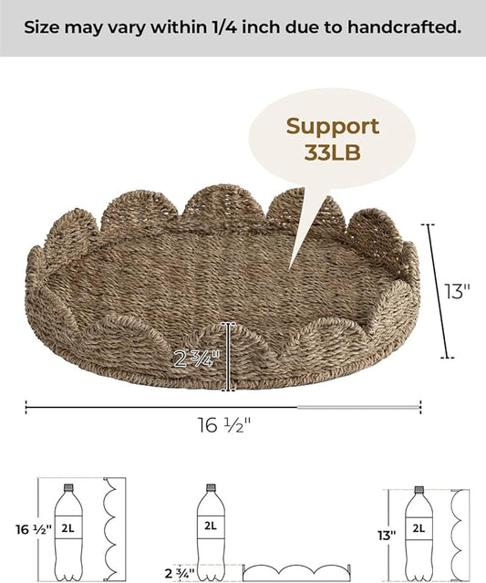 StorageWorks Scalloped Edge Wicker Serving Tray, Woven Rattan Table Trays with Handle, Wicker Tray for Room Décor, Seagrass Tray for Ottoman, Scalloped Organizer Trays