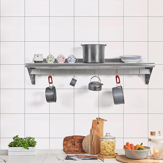 Hally Stainless Steel Shelf with 4 Hooks 12" x 24" Wall Mounted Pot Rack, NSF Commercial Floating Shelving for Storage Hanging Pots, Pans, cookware in Restaurant, Kitchen, Home and Hotel