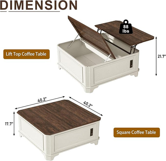 St.Mandyu 40 Inch Farmhouse Lift Top Coffee Table with Charging Station & Hidden Storage - Square Center Table with Lifting Top, Large Storage Cabinet for Living Room, Bedroom, Home Office, White