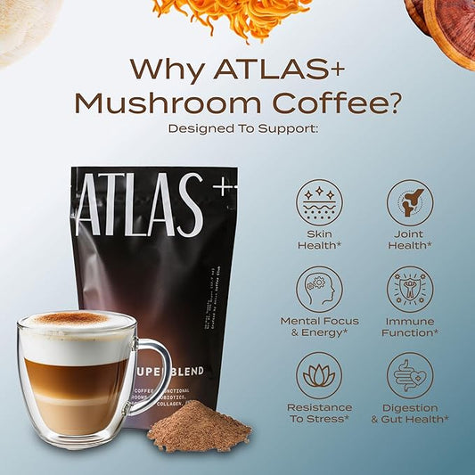 Atlas+ Coffee Superblend– Premium Mushroom Coffee with Collagen, Probiotics, D3 & B12, Lion’s Mane, Reishi, Cordyceps– for Energy, Focus, Immunity & Gut Health– 28 Servings (1 Bag)