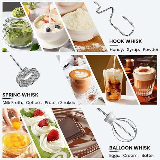 Rechargeable Milk Frother Handheld with 3 Whisk and Stand, 3-Speed Frother Wand, Dual Spring Whisk Coffee Frother and Drink Mixer for Matcha Lattes Cappuccino