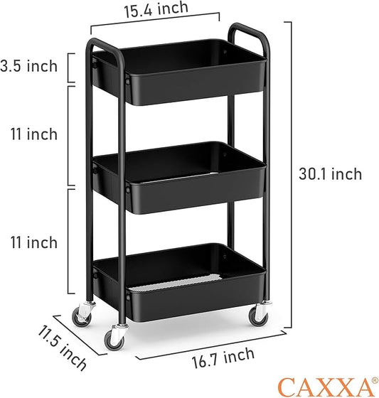 CAXXA 3-Tier Rolling Metal Storage Organizer - Mobile Utility Cart, Kitchen Cart with Caster Wheels (Black)