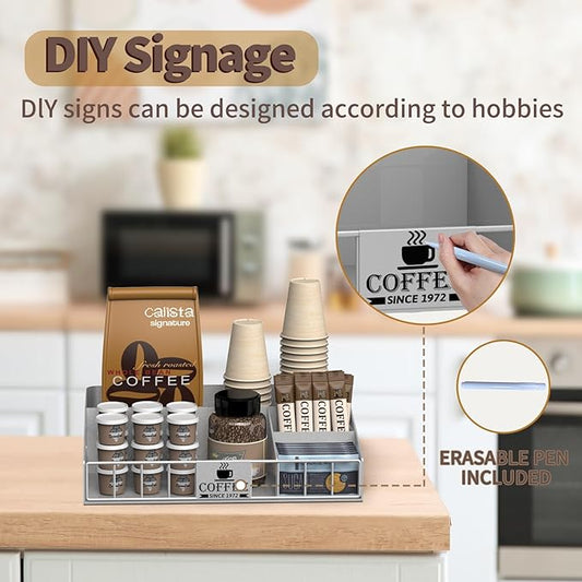 Metal Coffee Station Organizer for Countertop - Coffee Bar Organizer with Designable DIY Logo, K Cup Pods Holder & Tea Condiment Storage - Rustic Breakroom Kitchen Decor in Silver (1 Pcs)