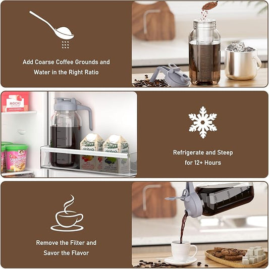 Cold Brew Coffee Maker Jar - 64oz Thick Glass Multipurpose Mason Pitcher Spout Lid with Handle & Stainless Steel Filter for Iced Coffee, Lemonade, Ice Tea, Homemade Fruit Drinks Container(2Pack)