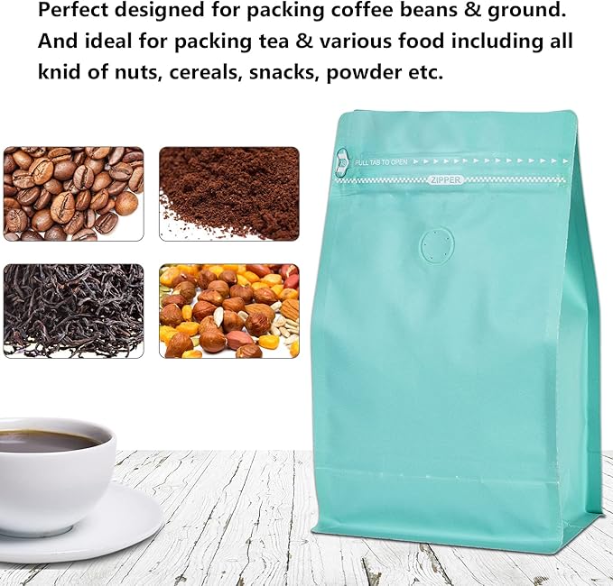 Blue Kraft Paper Coffee Bags with One Way Degassing Valve, Resealable Coffee Pouches with Flat Bottom & Pull Tab Zipper (100, 16oz, 1lb, 500gram)