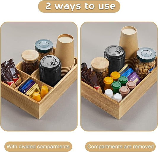 ALELION Brown Coffee Station Organizer - Wood Coffee Bar Accessories Organizer with Removable Dividers for Pods Condiment Syrup Tea Cups Stirrers - for Farmhouse Coutertop Decor