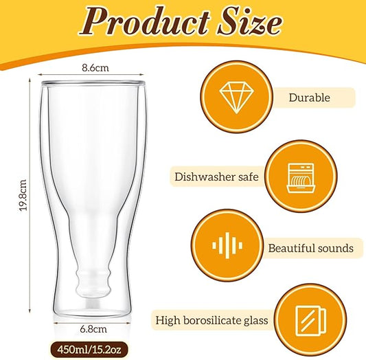 Meanplan 6 Pcs 15.5 oz Double Wall Insulated Beer Glass Clear Pub Mug Birthday Gifts for Him Men Dad Guys Insulated Borosilicate Freezable Upside Down Design Beer Glasses Cup for Drinking Lovers Bar