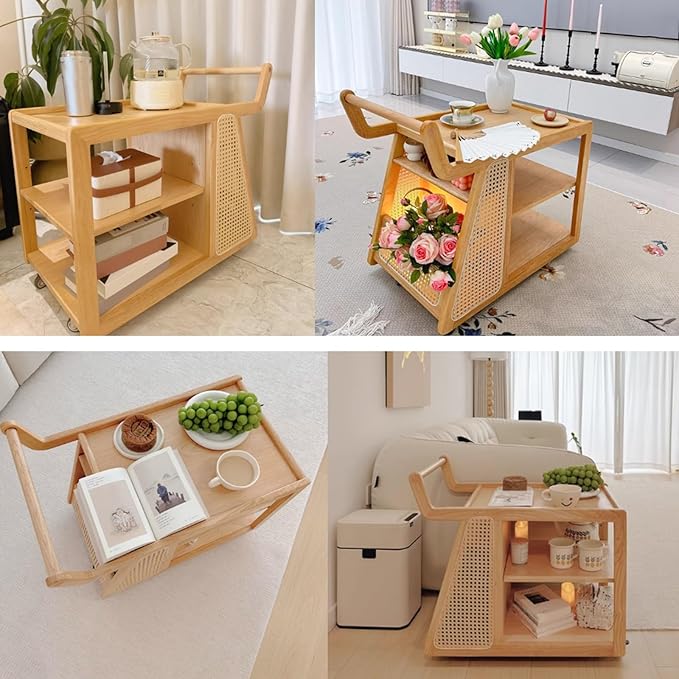 Sofa Side Table,Coffee Station Table on Wheels,Movable Coffee Bar Stand Cart with Storage 3 Tier Wood Coffee Table,for Home Kitchen, Entryway, Living Room,Dining Room