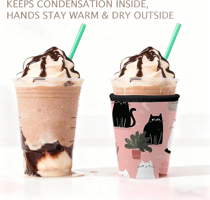 Fits 16oz 24oz 30oz Cups Cute Cat Print Iced Coffee Sleeve Set of 3 Insulated Reusable Coffee Sleeve for Cat Lovers
