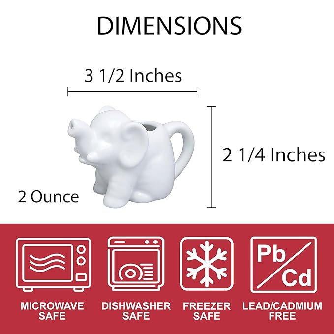 HIC Kitchen Mini Elephant Creamer With Handle, Fine Porcelain, 2-Ounce, For Serving Milk, Cream, Syrup, Dressings, And Sauces, Set of 2