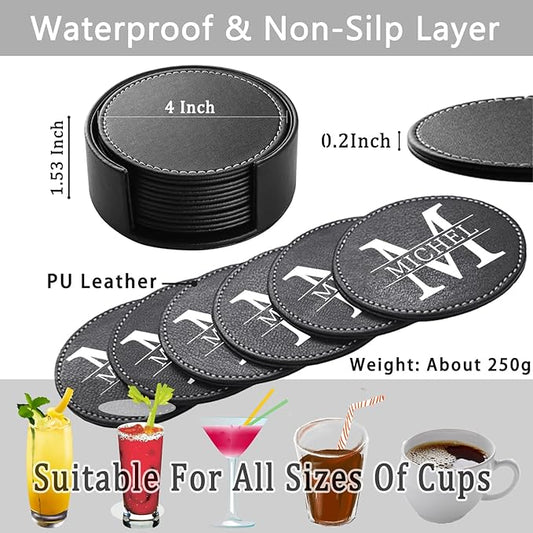 Personalized Coasters, Custom Set of 6 Leather Coaster for Drinks with Holder, DIY Name/Photo/Logo, Non-Slip, Heat Resistant, Waterproof for Coffee Table Bar Beer Wine Cup Housewarming