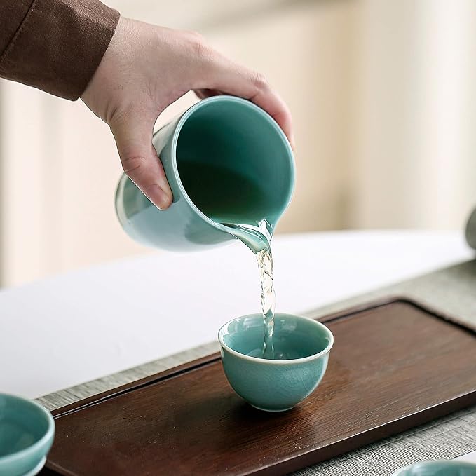 Chinese Tea Set, 10-Piece Ceramic Set with Teapot and Cups, Gongfu Tea Set,Tea Gift Sets,Outdoor and Office (Ge Kiln Green)